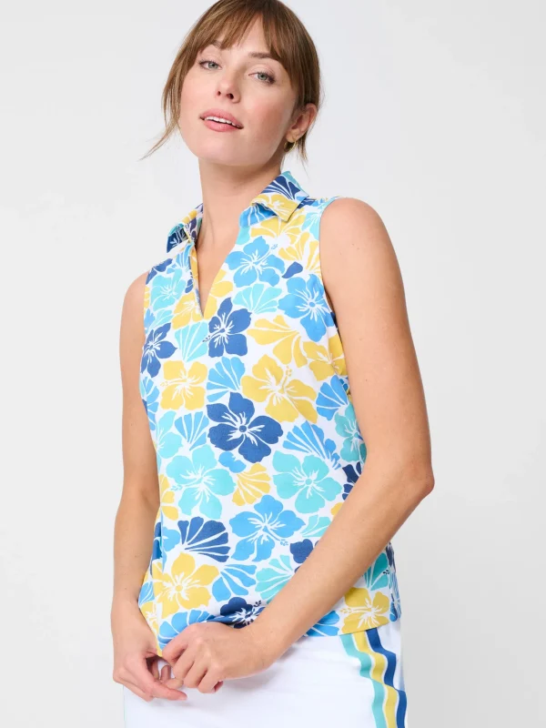 Best Sale J. McLaughlin Aida Sleeveless Top In Beach Blossom White/Navy/Yellow