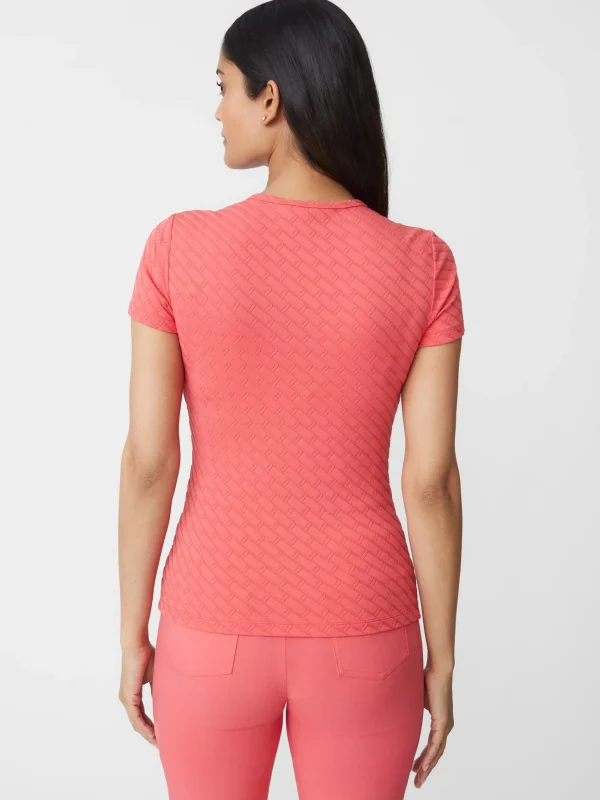 Sale J. McLaughlin Allie Cap Sleeve Tee In Fernwood Geo Jacquard Deep Coral