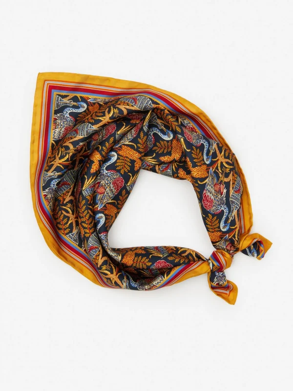 Outlet J. McLaughlin Amoura Silk Scarf In Rare Bird Square Navy/Gold/Red