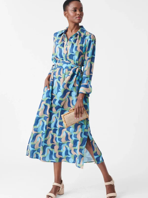 Sale J. McLaughlin Belle Dress In Abstract Chaise Navy/Aqua/Green