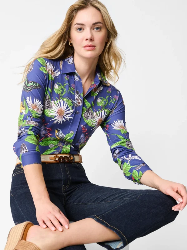 Clearance J. McLaughlin Betty Shirt In Jardin Mariposa Navy/Multi