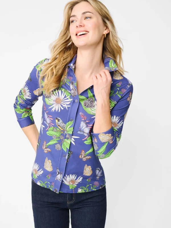 Clearance J. McLaughlin Betty Shirt In Jardin Mariposa Navy/Multi