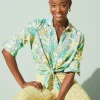 Best Sale J. McLaughlin Britt Linen Shirt In Beach Bouquet White/Aqua/Yellow