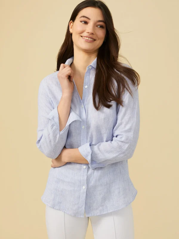 Shop J. McLaughlin Britt Linen Shirt In Stripe Denim/White