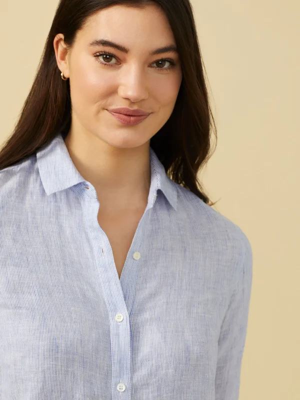 Shop J. McLaughlin Britt Linen Shirt In Stripe Denim/White