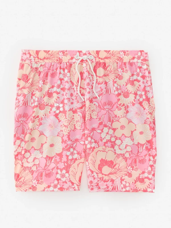 Store J. McLaughlin Bruce 7" Swim Trunks In Posh Pansies Peach/Coral