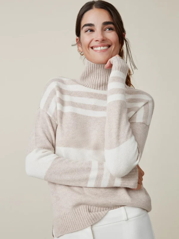 Cheap J. McLaughlin Clara Cashmere Turtleneck In Stripe Heather Oatmeal/Off White