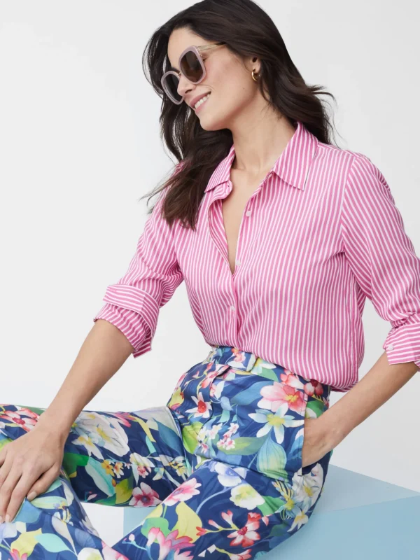 Online J. McLaughlin Denver Silk Shirt In Stripe Fuchsia/White