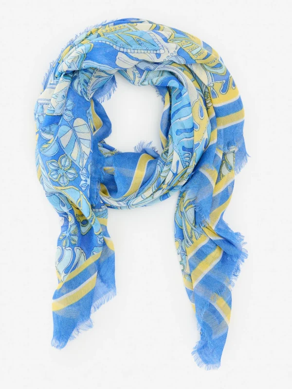 Flash Sale J. McLaughlin Giselle Scarf In Beach Bouquet Border Medium Blue/Blue/Yellow