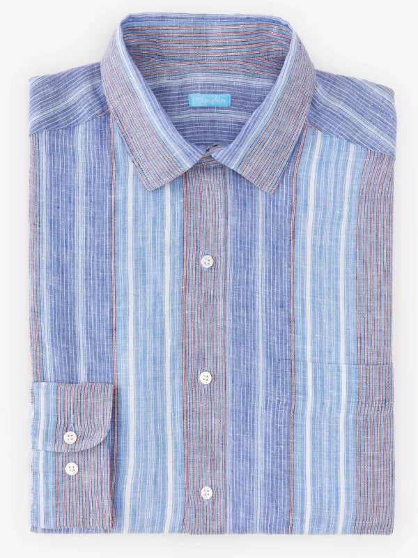 New J. McLaughlin Gramercy Classic Fit Linen Shirt In Multi Stripe Orange/Blue/White