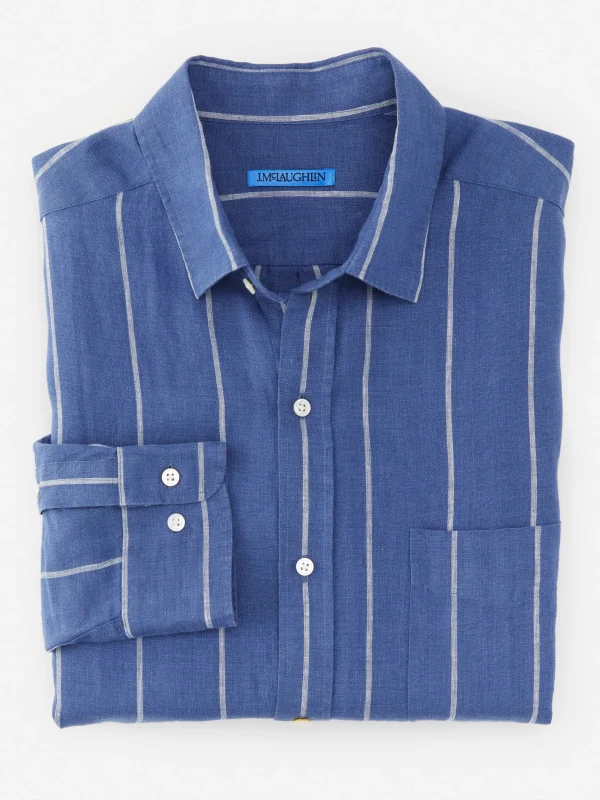 Sale J. McLaughlin Gramercy Classic Fit Linen Shirt In Stripe Blue/White