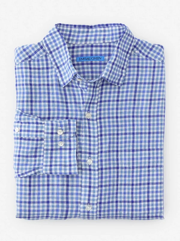 Hot J. McLaughlin Gramercy Classic Fit Linen Shirt In Gingham White/Blue/Navy