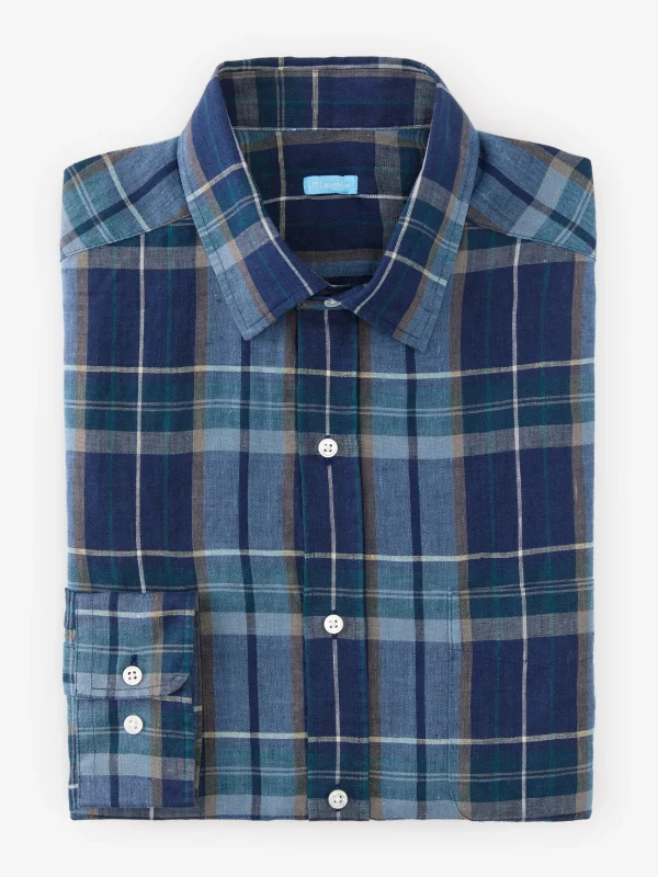 Hot J. McLaughlin Gramercy Classic Fit Linen Shirt In Plaid Navy/Blue/Tan