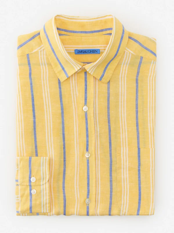 Sale J. McLaughlin Gramercy Classic Fit Linen Shirt In Stripe Yellow/White/Blue