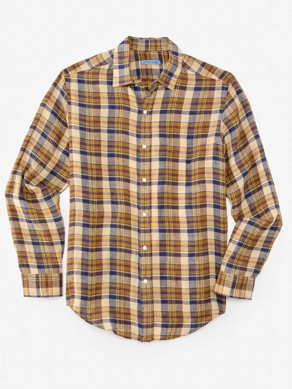 Cheap J. McLaughlin Gramercy Classic Fit Linen Shirt In Plaid Yellow/Navy