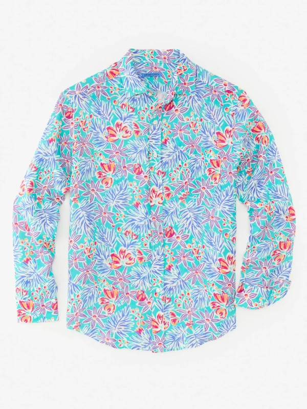 Discount J. McLaughlin Gramercy Classic Fit Linen Shirt In Island Bouquet Aqua/Multi