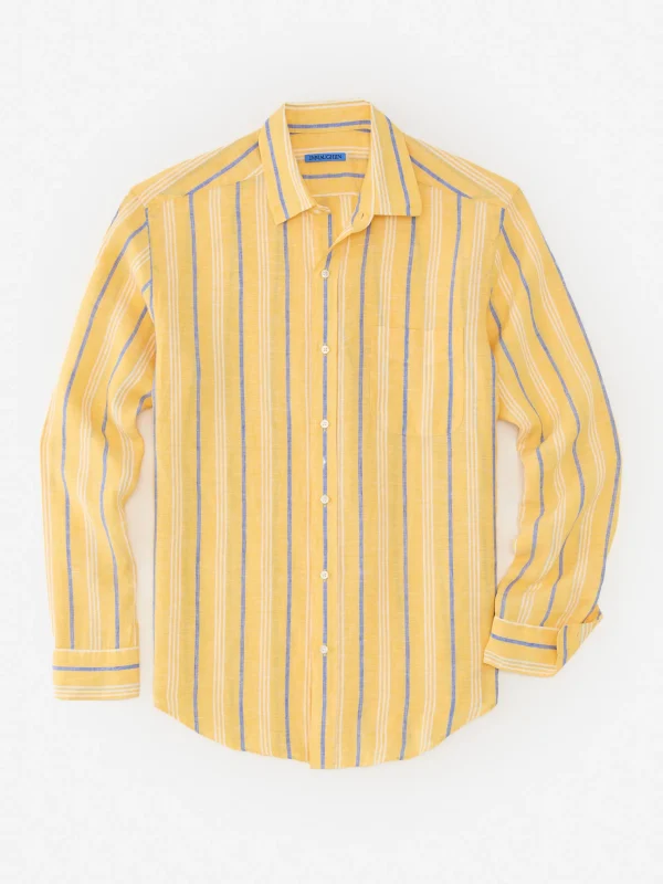 Sale J. McLaughlin Gramercy Classic Fit Linen Shirt In Stripe Yellow/White/Blue