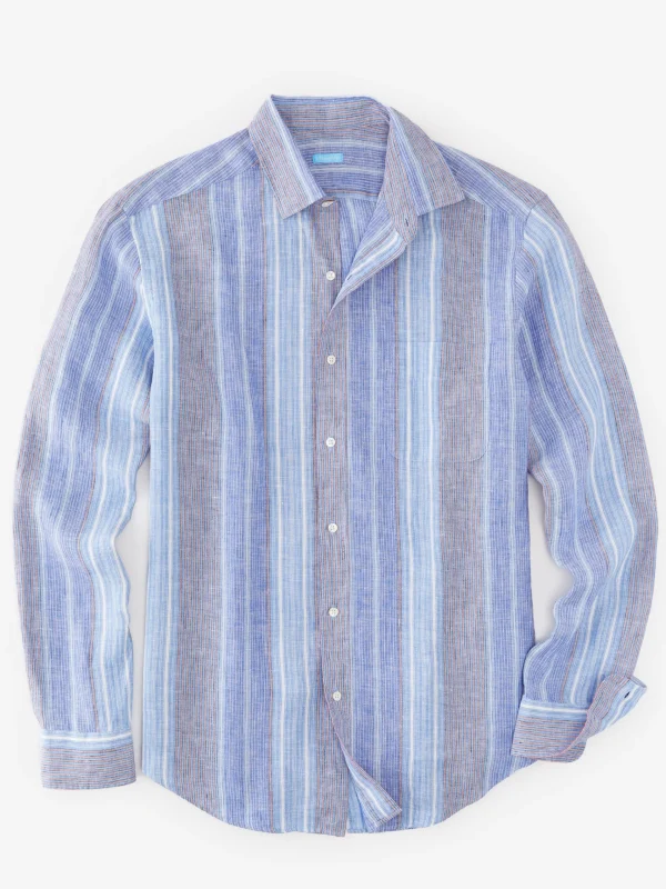 New J. McLaughlin Gramercy Classic Fit Linen Shirt In Multi Stripe Orange/Blue/White