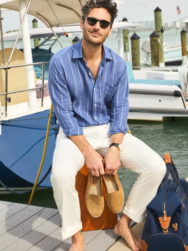 Sale J. McLaughlin Gramercy Classic Fit Linen Shirt In Stripe Blue/White