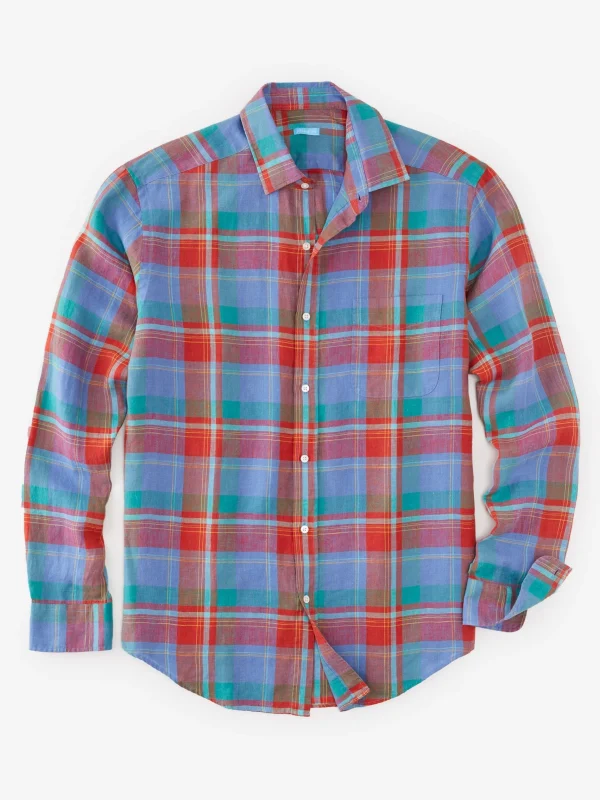 Discount J. McLaughlin Gramercy Classic Fit Linen Shirt In Plaid Red/Blue/Green