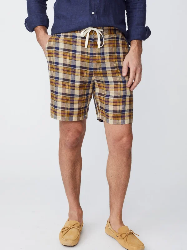 Best Sale J. McLaughlin Griffin 7" Linen Shorts In Plaid Yellow/Navy