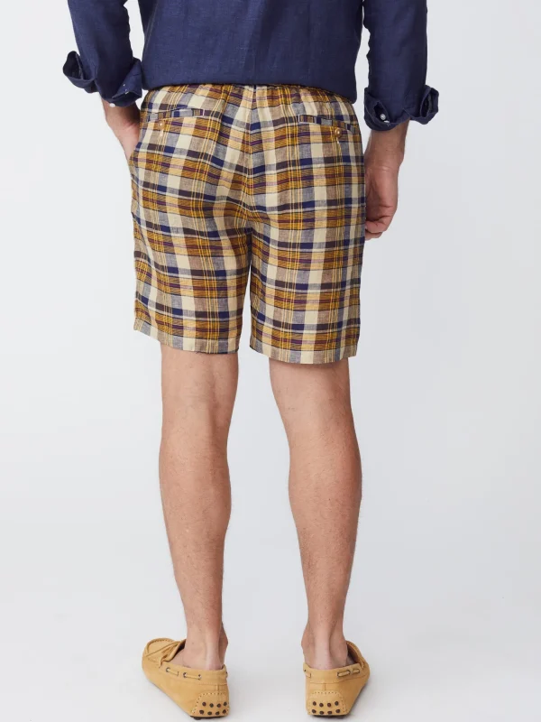 Best Sale J. McLaughlin Griffin 7" Linen Shorts In Plaid Yellow/Navy