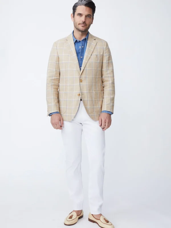 Store J. McLaughlin Lisbon Linen Blazer In Window Pane White/Tan/Blue