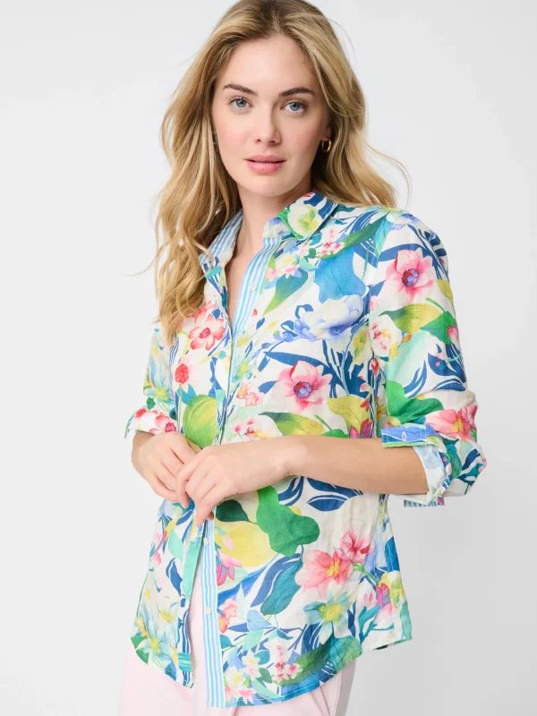 Clearance J. McLaughlin Lois Linen Shirt In Floral Reef Stripe White/Multi