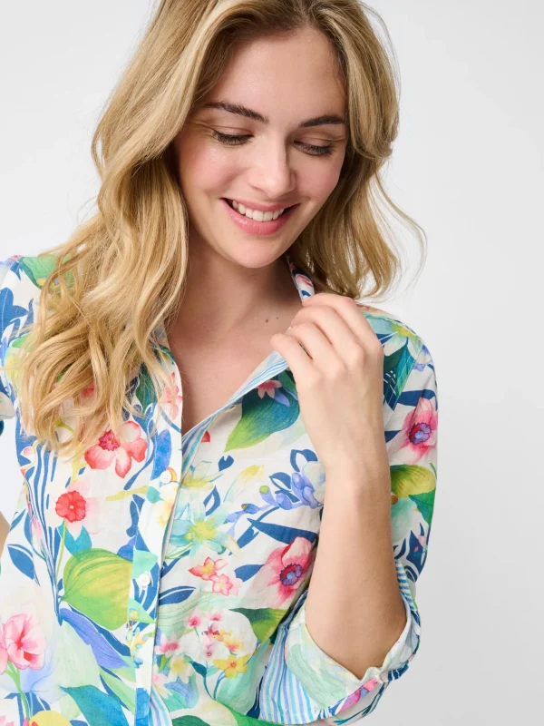 Clearance J. McLaughlin Lois Linen Shirt In Floral Reef Stripe White/Multi