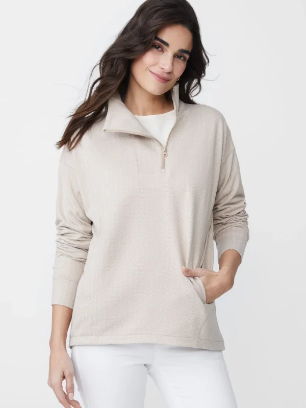 Discount J. McLaughlin Maeba Fleece Top In Herringbone Jacquard Off White/Taupe