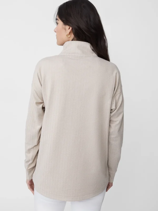 Discount J. McLaughlin Maeba Fleece Top In Herringbone Jacquard Off White/Taupe