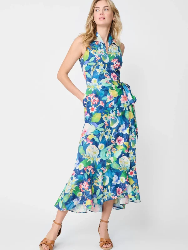 Clearance J. McLaughlin Miramar Linen Dress In Floral Reef Navy/Multi