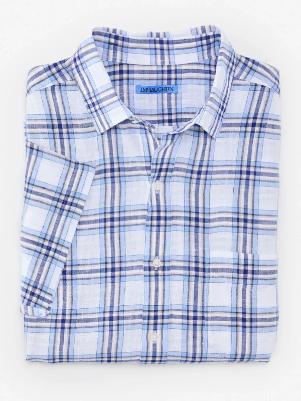 New J. McLaughlin Montauk Modern Fit Linen Shirt In Plaid White/Blue/Navy