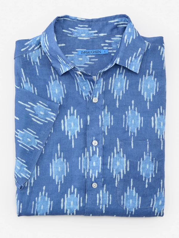 New J. McLaughlin Montauk Modern Fit Linen Shirt In Drop Ikat Dark Blue/Blue