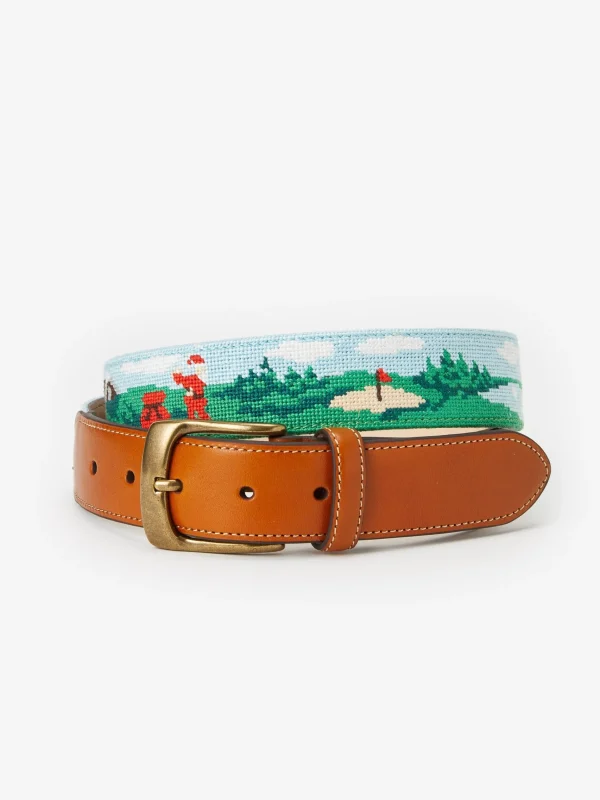 Fashion J. McLaughlin Needlepoint Belt In Santa Play Golf Green/Sky Blue